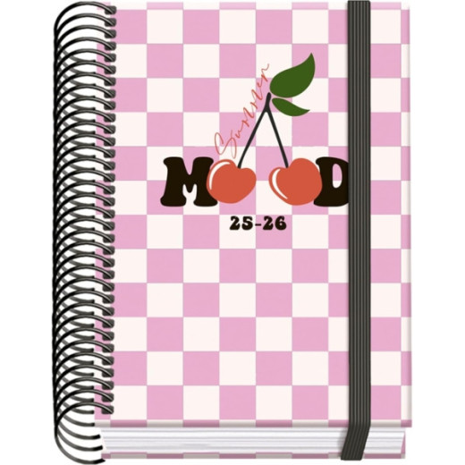 Dohe Cherry Agenda Escolar 25/26 Espiral A6 - Dia Pagina - Papel 70g/m2 - 4 Hojas de Pegatinas - Cubierta de Carton Plastificado - Cierre con Goma Elastica