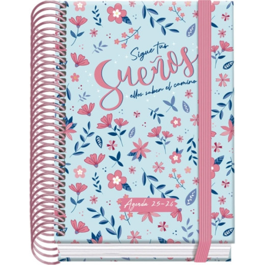 Dohe Blossom Agenda Escolar 25/26 Espiral A6 - Dia Pagina - Papel 70g/m2 - 4 Hojas de Pegatinas - Cubierta de Carton Plastificado - Cierre con Goma Elastica