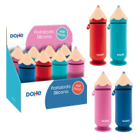 Dohe Lapiz Expositor con 8 Portatodos Simples de Silicona con Forma de Lapiz - Cierre con Cremallera y Tirador de Goma - Con Ventosa para Sujetarse en la Mesa - Colores Surtidos