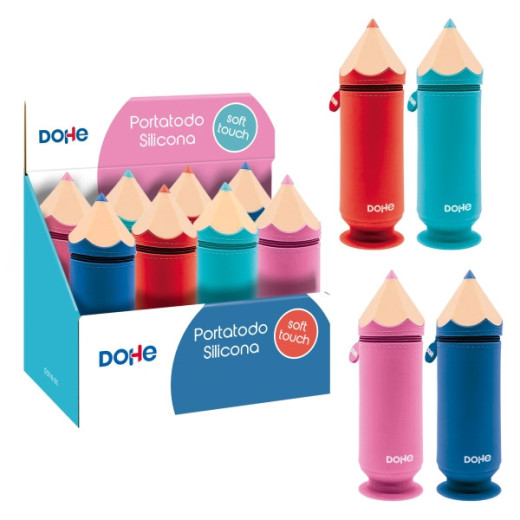 Dohe Lapiz Expositor con 8 Portatodos Simples de Silicona con Forma de Lapiz - Cierre con Cremallera y Tirador de Goma - Con Ventosa para Sujetarse en la Mesa - Colores Surtidos