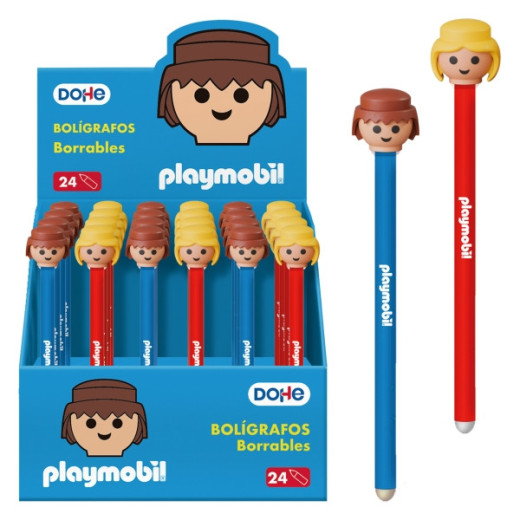 Dohe Playmobil Expositor de 24 Boligrafos Borrables - Punta Bola Metalica 1mm - Trazo 0.5mm - Tapa Decorada con Cabeza de Playmobil - Tinta Azul
