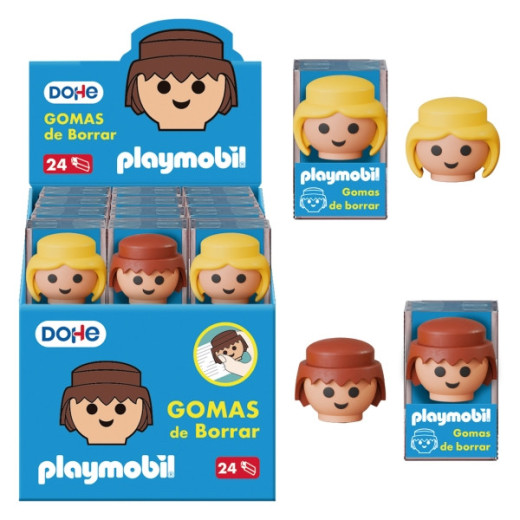 Dohe Playmobil Expositor de 24 Gomas de Borrar - Fabricadas en PVC - Con Forma de los Muñecos Playmobil