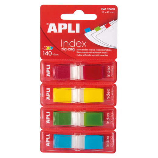 Apli Indices Adhesivos Film Zigzag 45x12mm 4 Dispensadores de 35 Indices de 4 Colores - Faciles de Aplicar - Adhesivo de Calidad - Diseño Zigzag - Organiza Tus Documentos - Multicolor