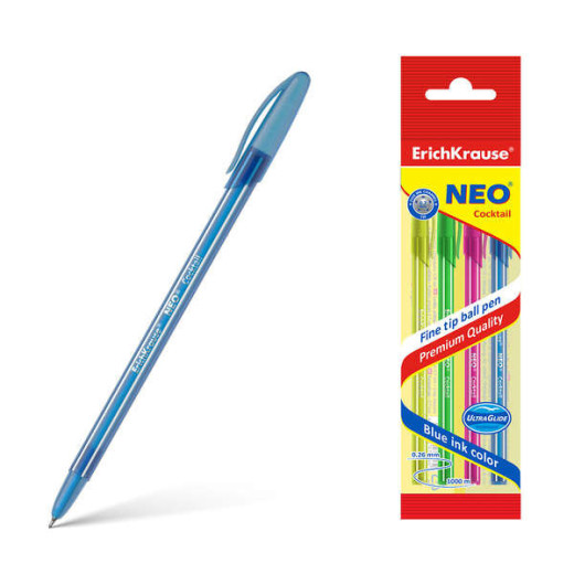 Erichkrause Neo Cocktail Pack de 4 Boligrafos Stick Brillante y Desechable - Punta de Aguja Fina - Tinta Semi-Gel - Color Azul