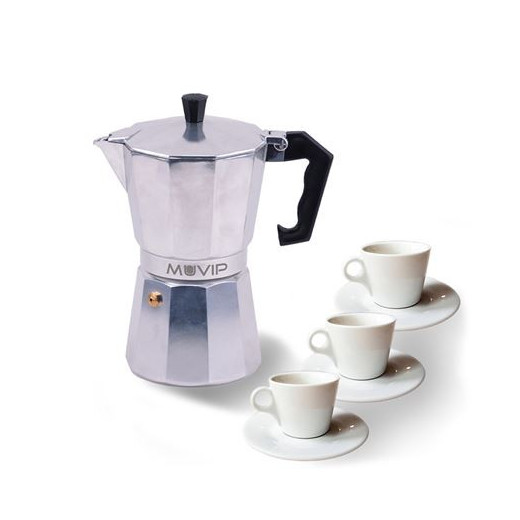 Muvip MV0600 Cafetera de Aluminio - Capacidad 3 Tazas - Mango Ergonomico - Antiadherente - Apta para Placas Electricas