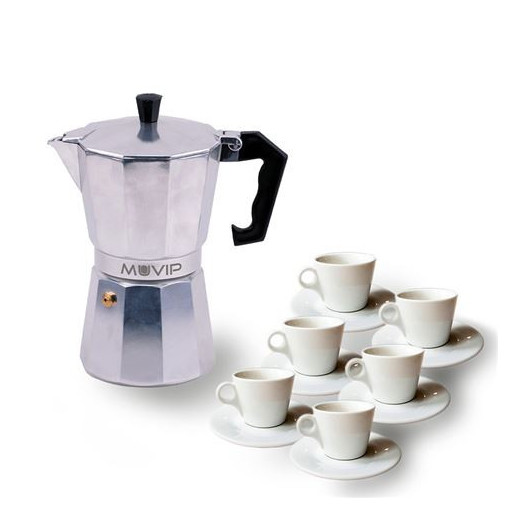 Muvip MV0601 Cafetera de Aluminio - Capacidad 6 Tazas - Mango Ergonomico - Antiadherente - Apta para Placas Electricas
