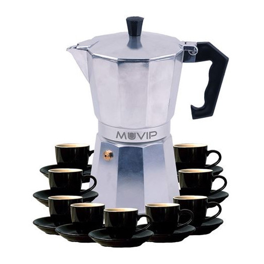 Muvip MV0605 Cafetera de Aluminio - Capacidad 9 Tazas - Mango de Baquelita Termoresistente Ergonomico - Apta para Placas Electricas