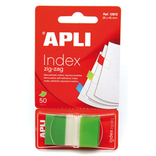 Apli Indices Adhesivos Film Zigzag 45x25mm - Dispensador de 50 Indices - Adhesivo de Calidad - Facil de Despegar - Diseño Zigzag - Verdes