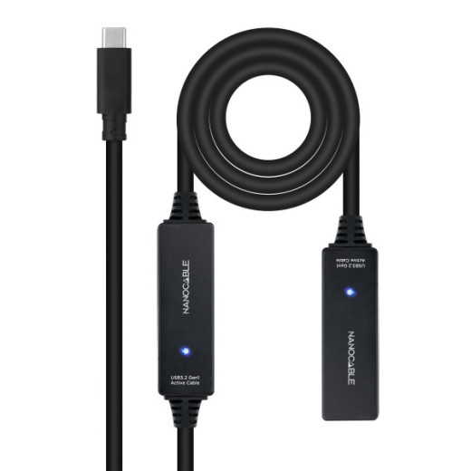 Nanocable Cable Prolongador USB-C 3.2 Macho a USB-C 3.2 Hembra - 10 Metros - Amplificador - Color Negro