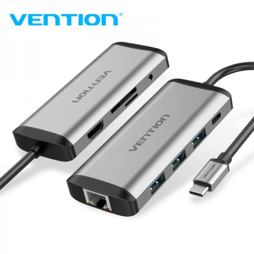 Vention Docking Station 9 en 1 USB-C a HDMI 4K/3xUSB 3.0/RJ45/Lector SD/MicroSD/Jack Audio/PD 87W - 0.15m - Color Gris