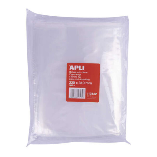 Apli Pack de 100 Bolsas Zip Auto Cierre Transparentes 220x310mm - Material LDPE - Cierre Seguro y Facil Manipulacion - Aptas para Uso Alimenticio