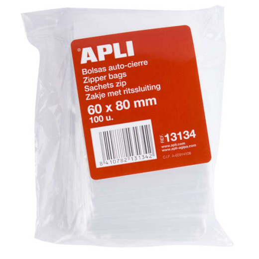 Apli Bolsas Zip Auto Cierre Transparentes 60x80mm - Material LDPE - Cierre Seguro y Facil Manipulacion - Uso Alimenticio - Ideal para Alimentos y Objetos Cotidianos - Utiles para Viajes