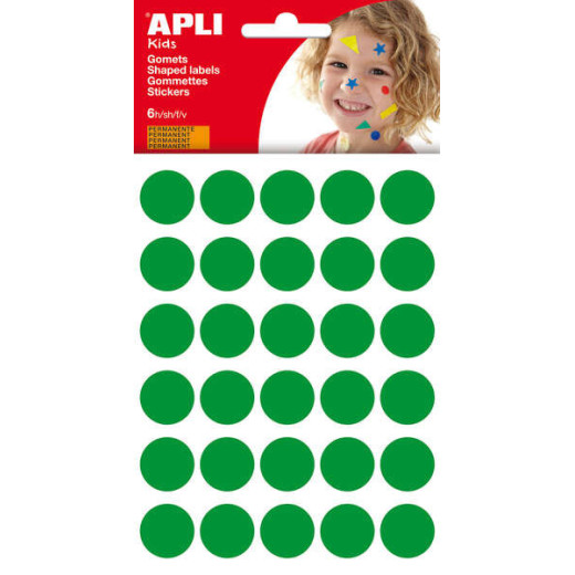 Apli Bolsa de 180 Gomets Redondos Ø 20mm - Adhesivo Permanente - Desarrollo de Habilidades y Creatividad - Ideal para Escuelas Infantiles - Color Verde