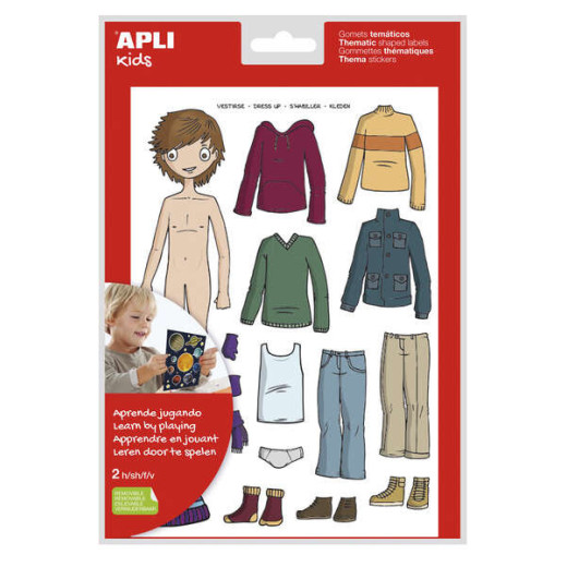 Apli Bolsa de Gomets Tematicos Vestirse Niño - 35 Gomets - Adhesivo Removible - Desarrollados con Educadores - Normas EN-71 y FSC - Adhesivo Base Agua - Libre de Disolventes - ECF - 100% Reciclables - Colorido