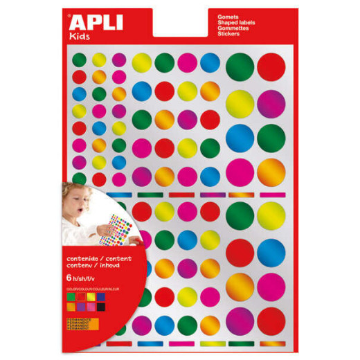 Apli Pack de 624 Gomets Redondos - Adhesivo Removible - Acabado Metalizado - Ideales para Escuelas Infantiles - Desarrollo de Habilidades y Creatividad - Colores y Tamaños Surtidos