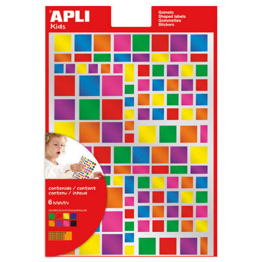 Apli Pack de 732 Gomets Cuadrados - Adhesivo Removible - Acabado Metalizado - Ideales para Escuelas Infantiles - Desarrollo de Habilidades y Creatividad - Colores y Tamaños Surtidos