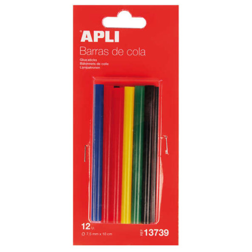 Apli Pack de 12 Barras Termofusibles de Colores Surtidos Ø7.5mmx10cm - Adhesion Instantanea en Multiples Superficies - No Gotea - Compatible con Pistolas de Ø7.5mm