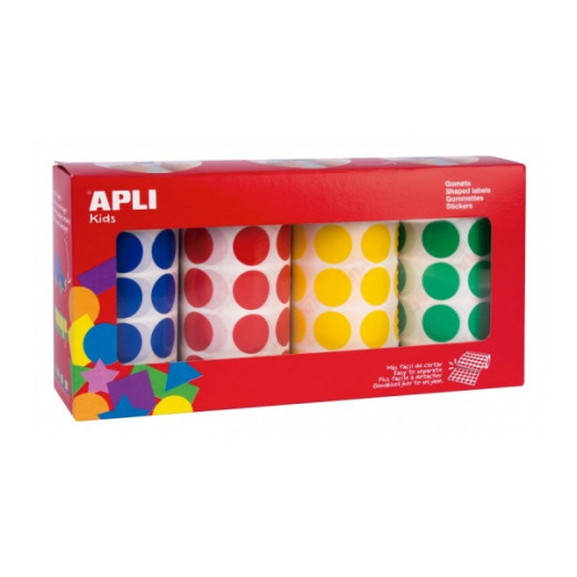 Apli Pack de 4 Rollos de Gomets Redondos Ø 20mm - 1770 Gomets por Rollo - Adhesivo Permanente - 7080 Gomets en Total - Ideales para Escuelas Infantiles - Colores Azul
