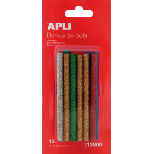 Apli Recambio de Barras de Adhesivo Termofusible - Ø7.5mmx10cm - Colores Surtidos con Purpurina - Precision y Limpeza - Compatible con Pistolas de Ø7.5mm - Ideal para Manualidades y Bricolaje