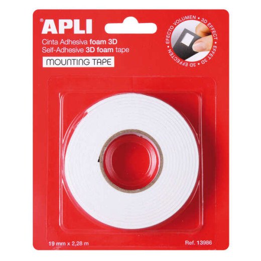 Apli Cinta Adhesiva Doble Cara Foam 3D 19mm x 228m - Adhesion Fuerte y Duradera - Ideal para Manualidades y Decoracion - Color Blanco