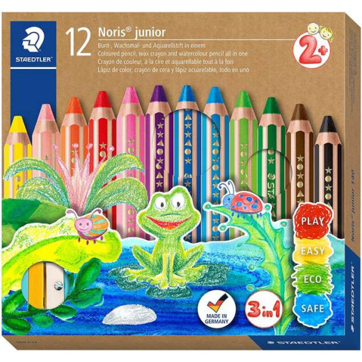 Staedtler Noris Junior Pack de 12 Lapices de Colores Extragruesos + Sacapuntas - 3 en 1