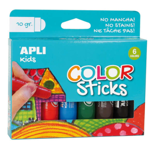 Apli Color Sticks Temperas Solidas - Pack de 6 Unidades de 10g - Acabado Satinado sin Necesidad de Barniz - Secado Rapido en Menos de 3 Minutos - Efecto Cera o Tempera Segun la Presion Ejercida