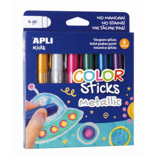 Apli Color Sticks Temperas Solidas - Pack de 6 Unidades de 6g en Colores Metalizados - Acabado Satinado sin Necesidad de Barniz - Secado Rapido en Menos de 3 Minutos - Efecto Cera o Tempera Segun la Presion Ejercida