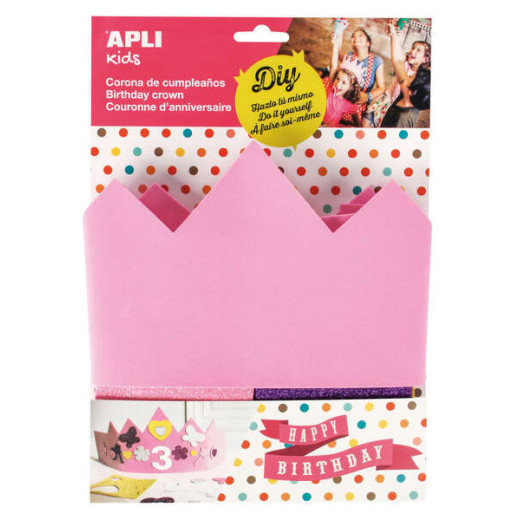 Apli Corona de Goma Eva Rosa con Accesorios - Ajustable a Diferentes Medidas - 10 Numeros Adhesivos - 24 Formas de Goma Eva Adhesiva con Purpurina - Color Rosa