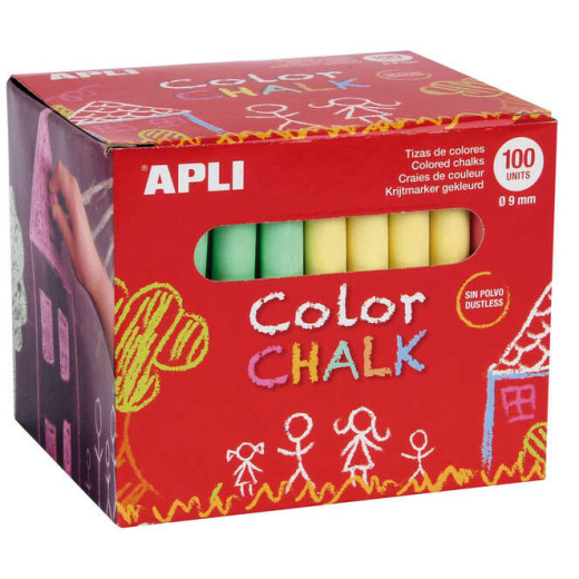 Apli Pack de 100 Tizas Redondas de Colores Surtidos Ø 9 x 80mm - Sin Polvo - Ideales para Escribir