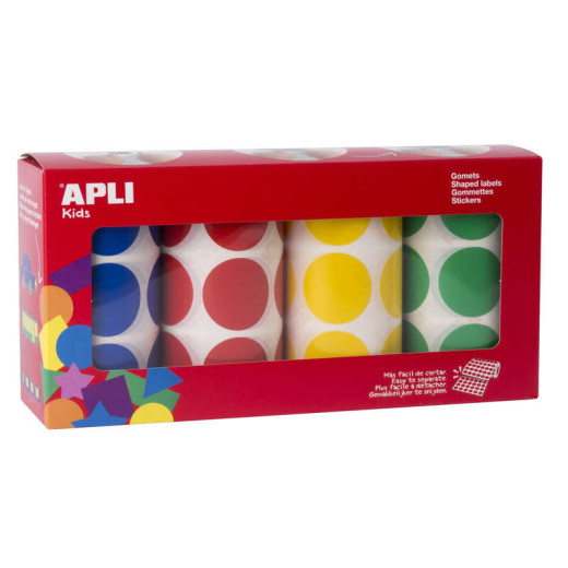 Apli Gomets Redondos Ø 33mm - Pack de 4 Rollos con 2832 Gomets - Adhesivo Permanente - Ideal para Desarrollar Habilidades en Guarderias