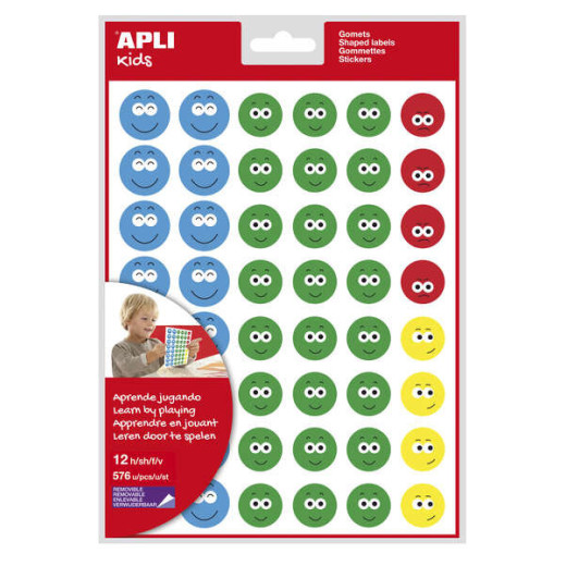 Apli Gomets Cara Feliz Ii - 576 Gomets por Bolsa - 4 Estilos de Cara Diferentes - Motivan y Premian a los Niños - Enseñan a Expresar Sentimientos - Adhesivo Base Agua - Libre de Disolventes