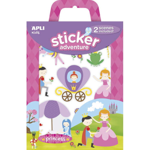 Apli Sticker Adventures Pack de 39 Pegatinas de Papel Tematica Princesas - 2 Escenarios 45x20cm - Formato Reducido con Cajita Asa - Ideal para Niños a Partir de 3 Años