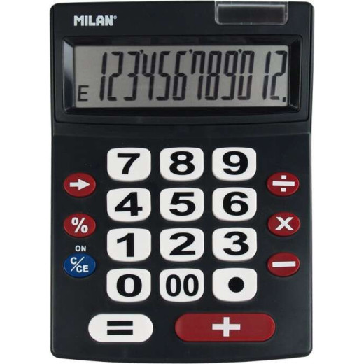 Milan Calculadora 12 Digitos Extra Grande - Teclas Grandes - Tecla Rectificacion Entrada de Datos - Apagado Automatico - Color Negro
