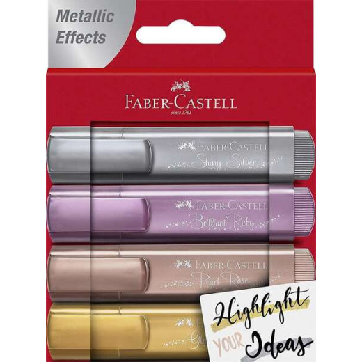 Faber-Castell Textliner 46 Metallic Pack de 4 Marcadores Fluorescentes - Punta Biselada - Trazo entre 1mm y 5mm - Tinta con Base de Agua - Colores Surtidos