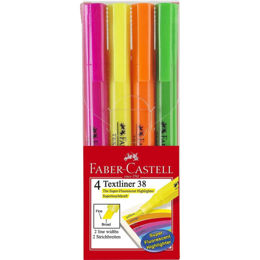 Faber-Castell Textliner 38 Pack de 4 Marcadores Fluorescentes - Cuerpo Fino - Punta Biselada - Trazo Grueso y Fino - Tinta con Base de Agua - Colores Surtidos