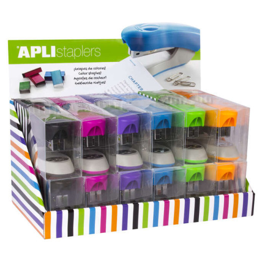 Apli Expositor de Grapadoras Office - Tamaño de Grapas Nº22/6-24/6 - 12 Unidades en Colores Surtidos - Incluye 2000 Grapas por Grapadora