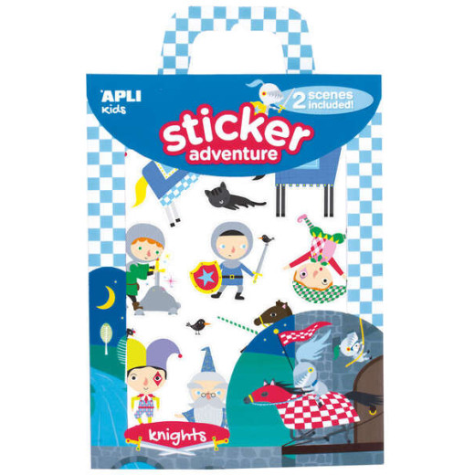 Apli Juego de Pegatinas de Papel Tematica Caballeros - 2 Escenarios 45x20cm - 2 Hojas de Gomets Removibles - Cajita con Asa - Ideal para Viajes - Recomendado +3 Años - Colorido