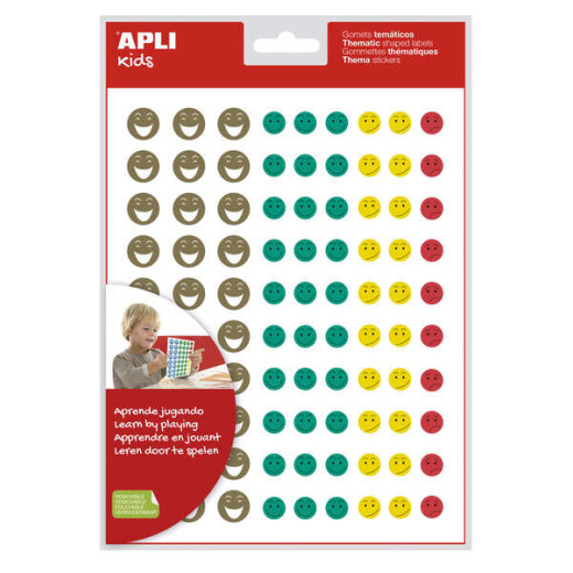 Apli Gomets Cara Feliz Mini - 180 Gomets por Bolsa - 4 Estilos de Cara Diferentes - Adhesivo Removible - Motivan y Premian - Enseñan a Expresar Sentimientos- Adhesivo Base Agua - Libre de Disolventes - Colorido