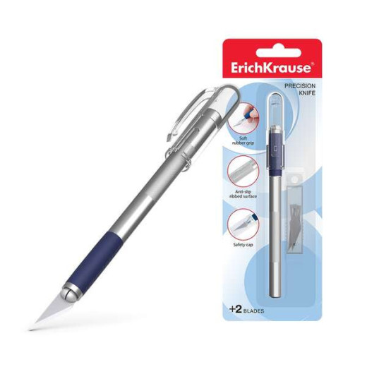 Erichkrause Cuchilla de Precision para Cortes de Papel - Cuerpo Metalico con Agarre de Goma - Cuchilla Segmentada de Acero - Resistente a la Corrosion - Incluye 2 Cuchillas de Repuesto