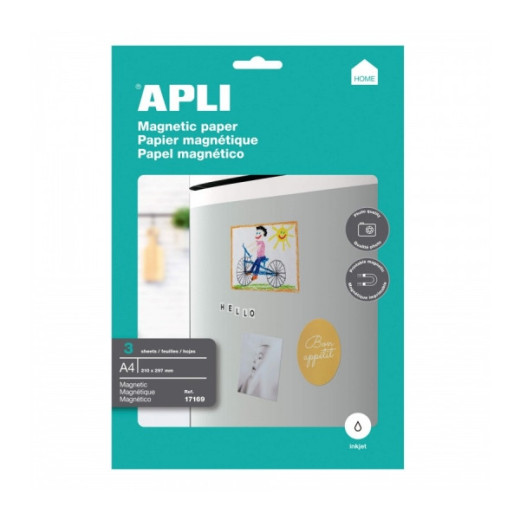 Apli Pack de 3 Hojas de Papel Magnetico A4 - 650gr - Apto para Impresoras Inkjet - Facil de Usar - Ideal para Imagenes Personalizadas y Decoracion de Superficies Metalicas