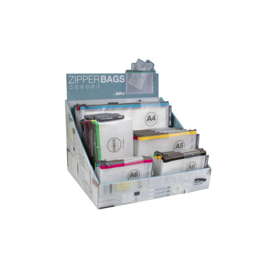Apli Expositor de Zipper Bags - 80 Unidades en 4 Medidas Surtidas - 5 Colores Resistentes - Goma Eva Transparente de Alta Calidad
