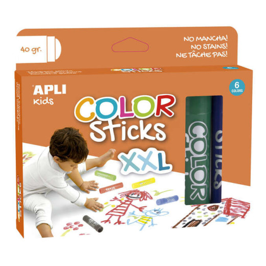 Apli Color Sticks xxl Temperas Solidas - Pack 6 Unidades de 40g - Tamaño xxl para Murales - Acabado Satinado sin Necesidad de Barniz - Secado Rapido en Menos de 3 Minutos - Efecto Cera o Tempera Segun la Presion