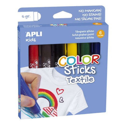 Apli Color Sticks Textil Pack de 6 Temperas Solidas 6gr para Uso en Textil - Secado al Aire en 12 Horas - Sin Disolventes - Para Niños a partir de 3 años - Colores Surtidos