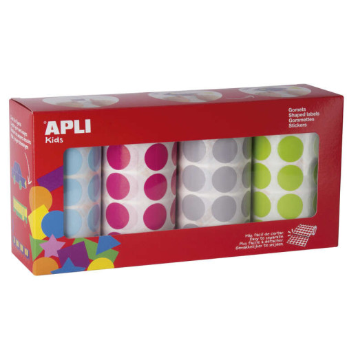 Apli Pack de 4 Rollos de Gomets Redondos Ø 20mm - 1770 Gomets por Rollo - Adhesivo Permanente - 7080 Gomets en Total - Ideales para Escuelas Infantiles - Colores Azul Claro