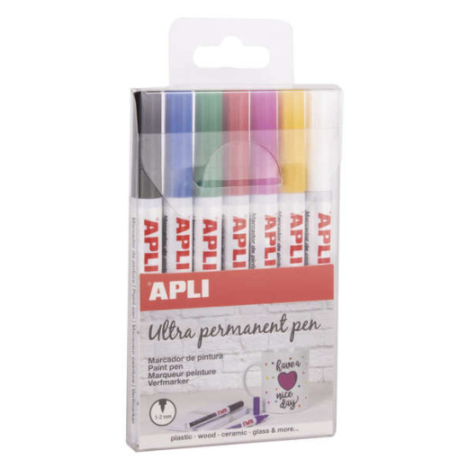 Apli Rotuladores Tinta Permanente Punta Fina - 1-2mm - Pack 7 Colores - Base Aceite - Larga Duracion - Resistente Al Agua - Soporta Hasta 60°C - Multisuperficies