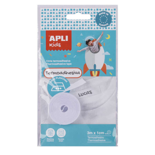 Apli Cinta Termoadhesiva para Marcar Ropa - 10mmx3m - 70% Poliester y 30% Algodon - Resistente a Lavadora y Secadora - Facil Uso con Boligrafo Comun - Color Blanco