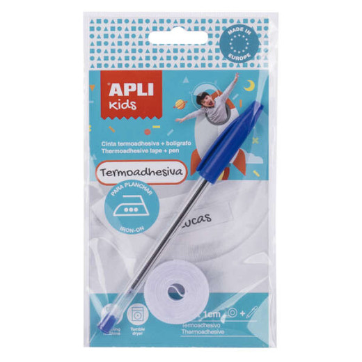 Apli Cinta Termoadhesiva para Marcar Ropa - 10mmx2m - 70% Poliester y 30% Algodon - Resistente a Lavadora y Secadora - Facil Uso con Boligrafo Incluido - Color Blanco