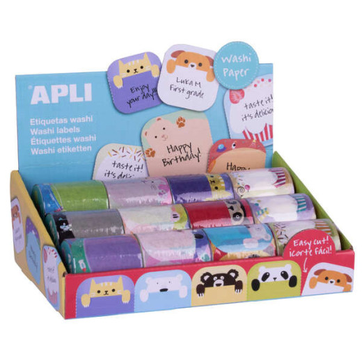 Apli Expositor con 36 Rollos de Etiquetas Washitape - 36 Etiquetas por Rollo - Faciles de Pegar y Despegar - 4 Modelos Disponibles con 6 Diseños Diferentes por Modelo