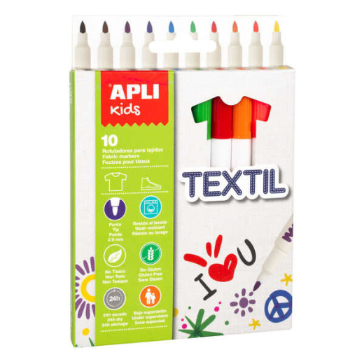 Apli Kids Pack de 10 Rotuladores para Textil - Punta Redonda Bloqueada Ø 2.9mm - Capuchon Anti Asfixia - No Toxicos - Larga Duracion - Ideal para todo Tipo de Tejidos - Colores Surtidos