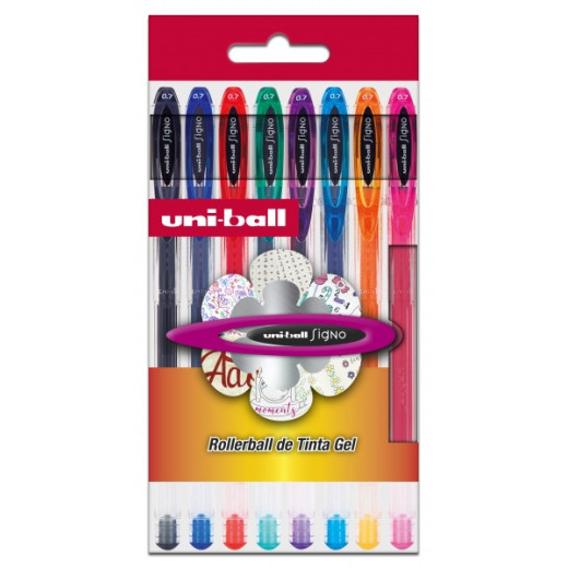 Uni-ball Signo Basico Pack de 8 Boligrafos de Tinta Gel - Punta de Bola 0.7mm - Tinta Resistente al Agua y Luz - Colores Surtidos